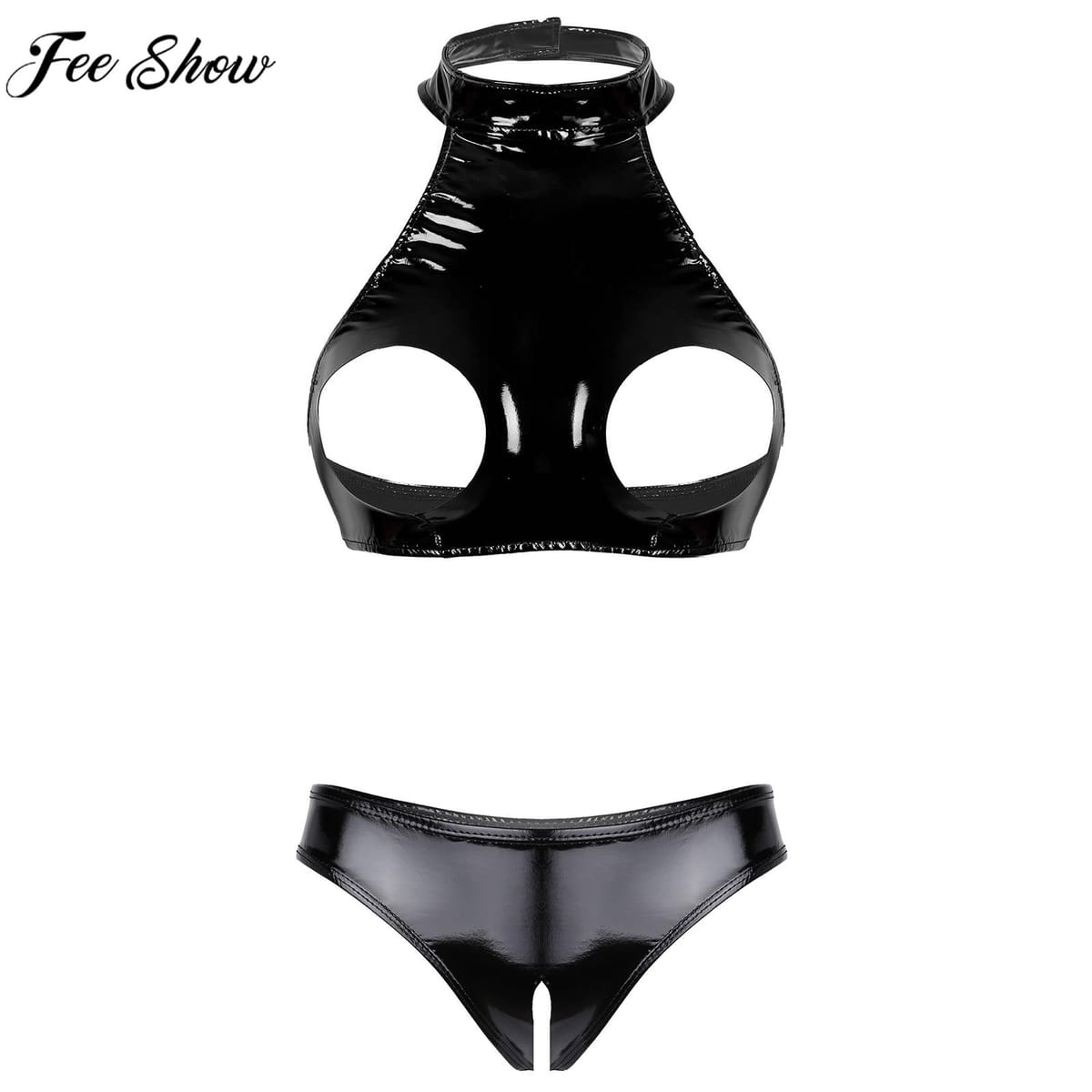 Womens Sexy Bare Chested Lingerie Set Patent Leather Underwear Suit Open Cups Bra Tops with Crotchless Briefs Nightwear Clubwear