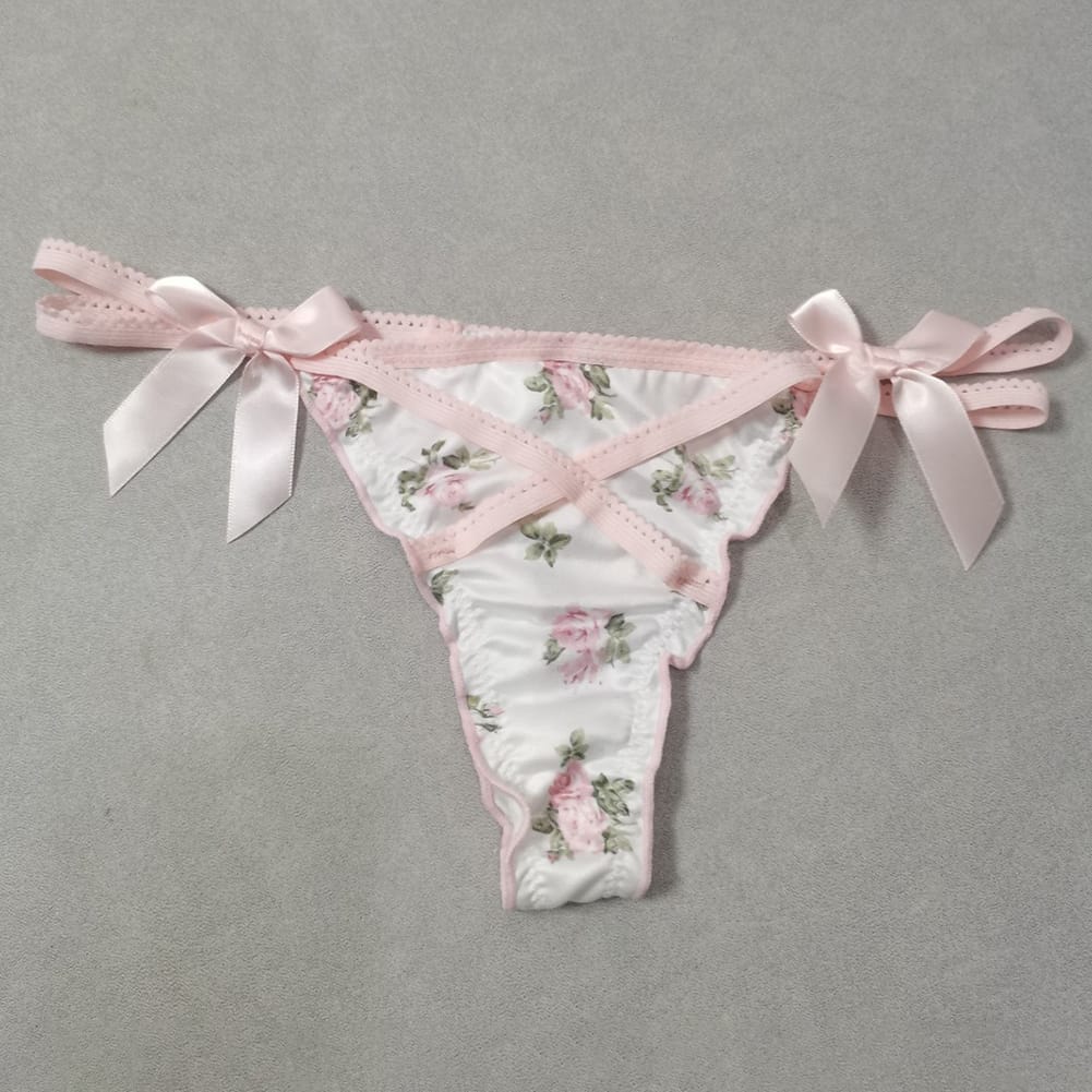 Ruffled Lovely Sweet Girl Thong Briefs Smooth Satin Panties Floral Printed T-back Underwear Bow Cross Strap Low Rise Underpants