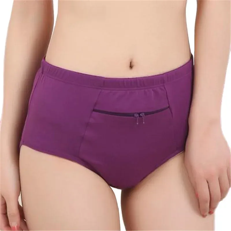 Women Pocket Panties Big Size Underwear Female Cotton Briefs Solid Zipper Lingerie Female Cotton Briefs Novel Breathable Ladies