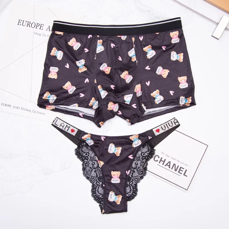 Cute Cartoon Bear Print Couple Match Panties Men Boxer Shorts Womens Low Waist Thongs Sexy Boys and Girls Lovers Underwear Set