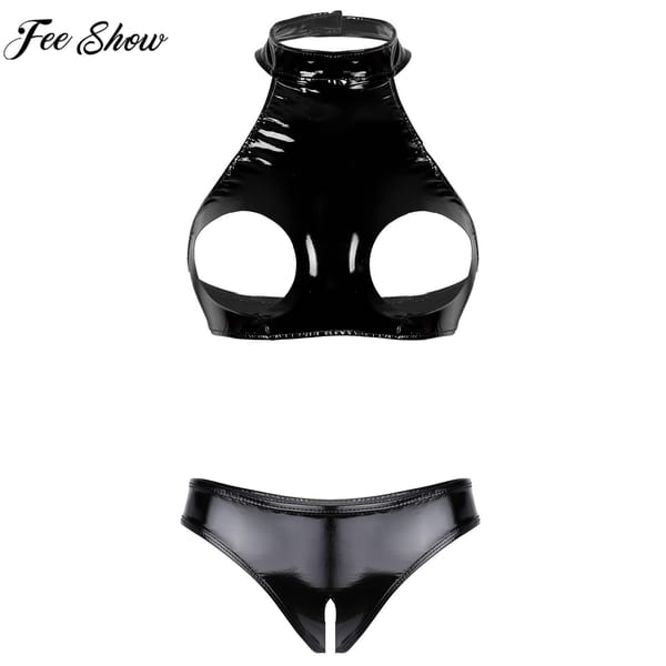 Womens Sexy Bare Chested Lingerie Set Patent Leather Underwear Suit Open Cups Bra Tops with Crotchless Briefs Nightwear Clubwear
