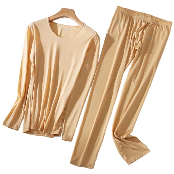 Fashion 2pc Men's Thin Thermal Long Johns Set Solid Color Ice Silk Long Sleeve Top Bottom Sleepwear Underwear Clothing Set