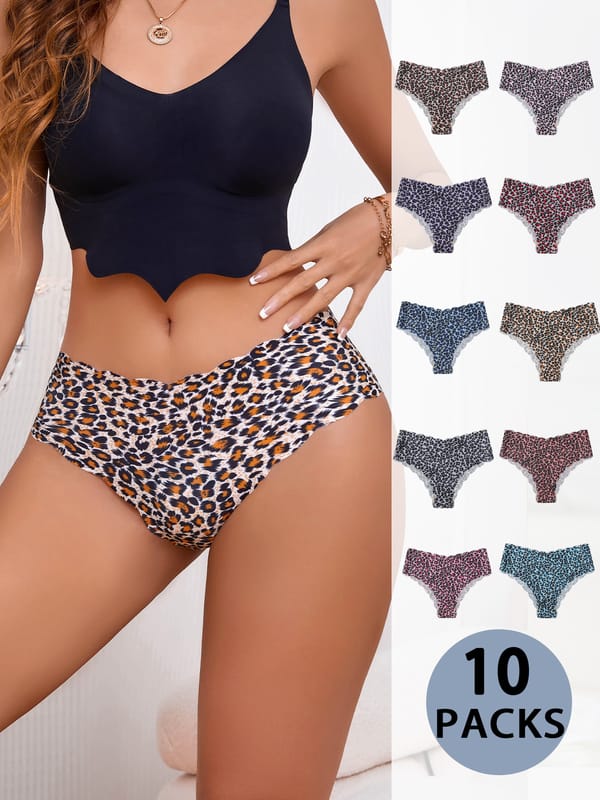 10 packs of leopard print panties, comfortable ice silk seamless women's underwear