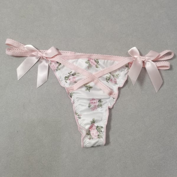 Ruffled Lovely Sweet Girl Thong Briefs Smooth Satin Panties Floral Printed T-back Underwear Bow Cross Strap Low Rise Underpants