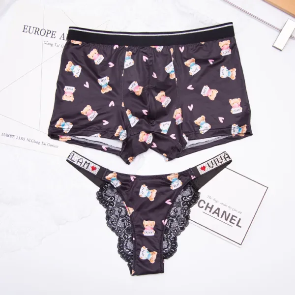 Cute Cartoon Bear Print Couple Match Panties Men Boxer Shorts Womens Low Waist Thongs Sexy Boys and Girls Lovers Underwear Set